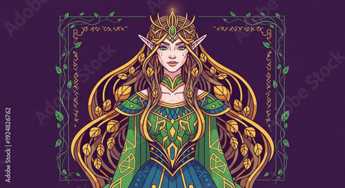 Ethereal elf queen in nature inspired royal attire with gold accents and ornate frame on purple background