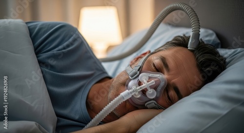 Man Sleeping with CPAP Machine for Sleep Apnea Treatment.