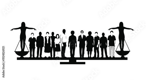 Diverse group of people standing balanced on scales, representing equality and justice.