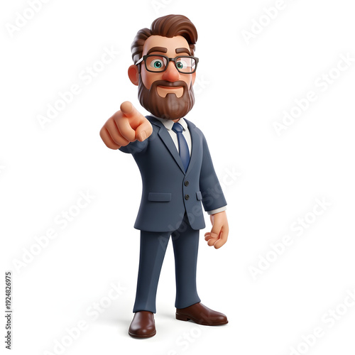 3D Businessman Pointing Forward Isolated on White Background | Professional Male Character Pointing Gesture Business Concept | Cartoon Style Businessman Pointing at Viewer Communication Concept