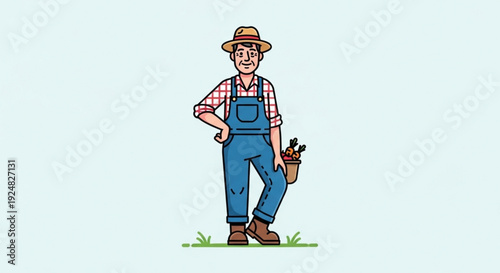 Smiling farmer standing confidently with gardening tools in bucket against light blue background