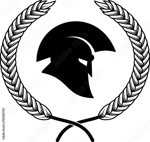 A black and white vector illustration of a Spartan or Greek warrior helmet enclosed in a laurel wreath. A powerful minimalist silhouette for sports or security logos.
