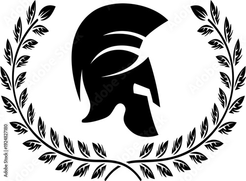 A black and white vector illustration of a Spartan or Greek warrior helmet enclosed in a laurel wreath. A powerful minimalist silhouette for sports or security logos.
