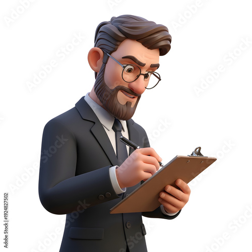 3D Businessman Writing on Clipboard Isolated on White Background | Professional Male Character Taking Notes with Clipboard Illustration | Cartoon Style Businessman Writing Checklist Business Concept