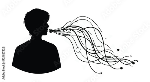 Silhouette of a person exhaling abstract, flowing lines of energy or ideas.