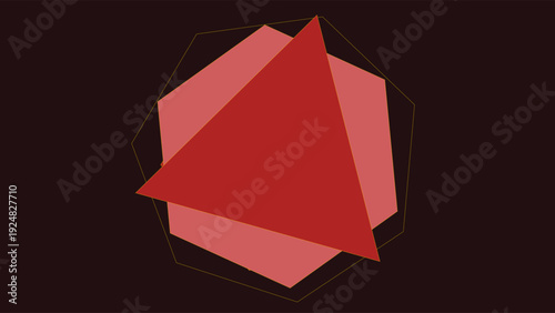 Art Deco inspired 3D geometric shape with bold red color and sharp edges, isolated on dark background, modern minimalist design style