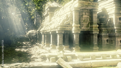 Tableau sur toile overgrown stone temple corridor bathed in soft shafts of light explorer moves al