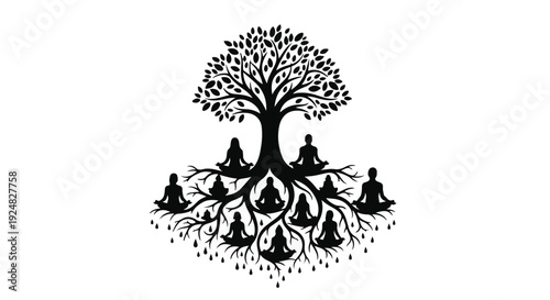 Meditating figures embraced by a flourishing tree of life, symbolizing growth and connection.