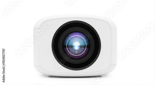 Compact mini projector with a sleek design isolated on a pristine white background, showcasing a modern lens and minimalist style