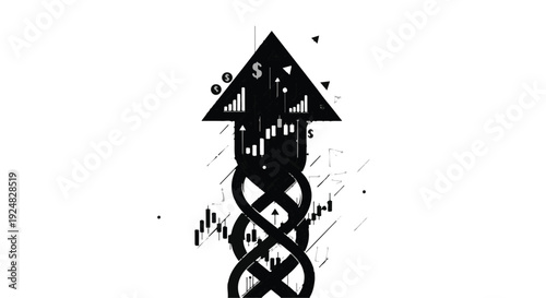 Abstract black arrow pointing upwards with financial charts and symbols, symbolizing growth and success.