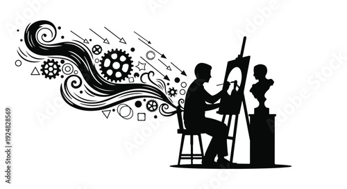 Artist creating a masterpiece, ideas flowing from mind to canvas with abstract shapes and gears.