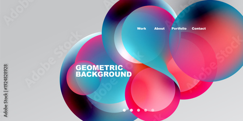 Abstract design features overlapping colorful circles. Text includes geometric background, work, about, portfolio, contact. Gradient hues dominate composition.