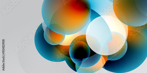 Abstract circles overlap, creating vibrant color blends. Light, shadow, texture define shapes against dark background. Modern design.