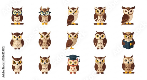Collection of various cartoon owls in different poses and outfits on white background