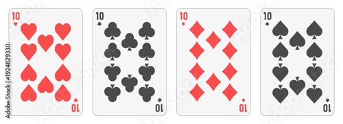 Four tens of different suits — hearts, diamonds, clubs and spades. Clear playing card layout. Poker combination concept representing game strategy, gamble and casino. For poker themes, gambling, luck