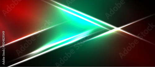 Abstract design features vibrant red, green hues. Bright lines intersect creating dynamic visual effect. Dark background emphasizes luminosity.