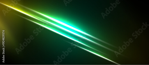 Abstract background features bright green, yellow light streaks across dark space. Gradient effect creates dynamic visual impact.
