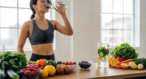 Woman in sportswear drinking from a glass near a table with assorted fresh fruits and vegetables in a bright kitchen