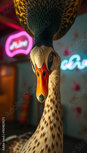 Downward gaze of a droll waterfowl, a feathered jester caught mid-antics against a washed-out backdrop ,  unique perspective,  comical