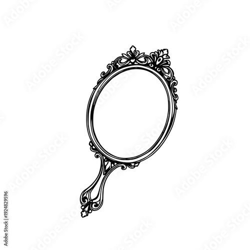 Elegant ornamental hand-held mirror illustration in black line art on white background, antique style portrait prop for vintage design graphics