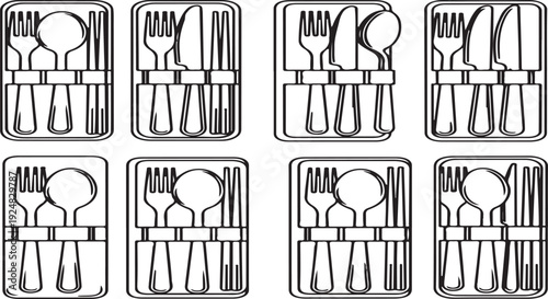 A collection of various kitchen utensils and appliances in individual compartments. Vector