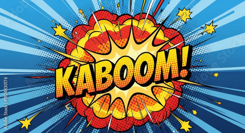 Vibrant comic book explosion with 'kaboom' text on blue background with rays and stars
