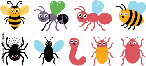 Cute Bug and Insect Character Icon Set  Bees, Ants, Spiders, Worms & Beetles