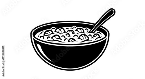 Black and white illustration of a bowl of cereal with a spoon