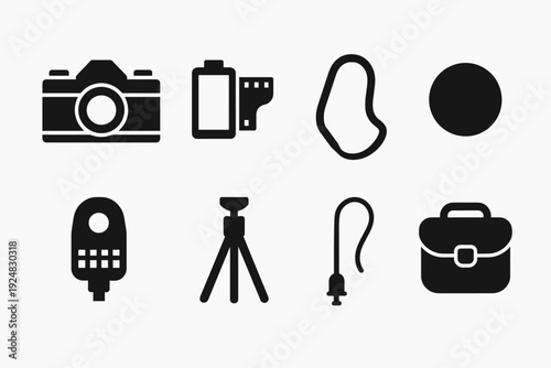Vintage Camera Icon Set. Old-school film camera still life. Filled icon set of old-school film camera still
