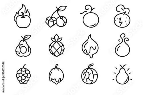 Elemental Fruit Icons. Elemental fruits. Line outline icon set of Elemental fruits: fire apple, crystal cherry