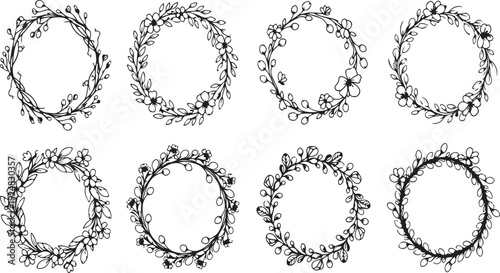 Eight distinct wreath designs with intricate floral patterns and varying shapes Vector