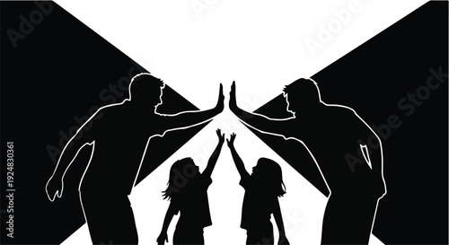 Joyful family connection with parents and children sharing a high five celebration.