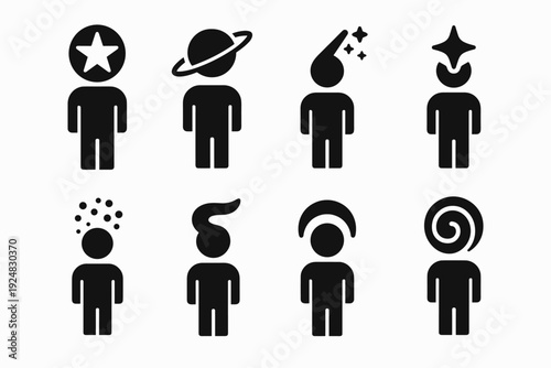 Celestial Icon Figures. Stellar-headed figures. Filled icon set of stellar-headed figures: figure with star