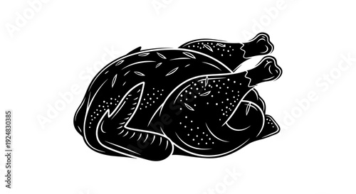 Black and White Illustration of a Roasted Whole Chicken, Isolated on White Background