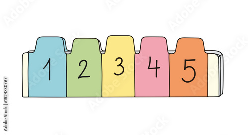 Colorful numbered tab dividers isolated on a clean white background, arranged in a sequential order from one to five, showcasing vibrant pastel hues