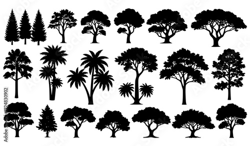 Global Natural Zone Tree Silhouettes Big Vector Set for Landscape and Environmental Design