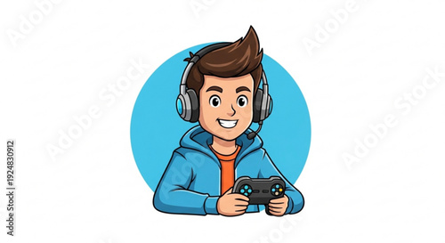 Young gamer wearing headphones playing video games with controller smiling and focused on screen in blue hoodie