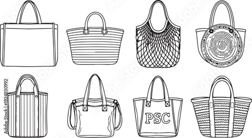 A diverse collection of handbags showcasing various styles and designs. Vector