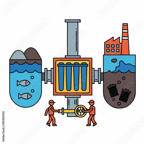Industrial water treatment process illustration with workers and pollution.