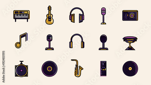 A collection of 16 minimalist music and sound icons featuring guitar and headphones in a digital illustration