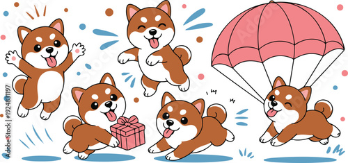 Cute Shiba Inu Cartoon Character Set Playful Kawaii Dogs