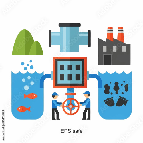 Water pollution and treatment process illustration.