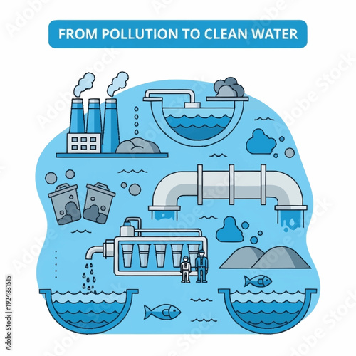 Water Purification Process from Pollution to Clean Water.