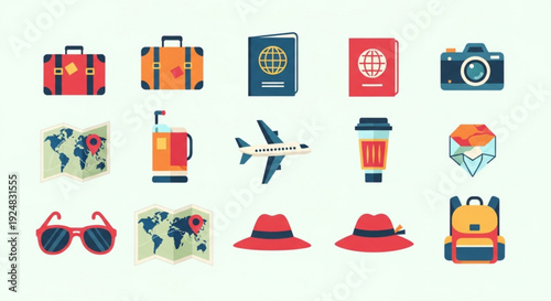 Travel icons set including luggage passport camera globe coffee airplane hat sunglasses backpack on light green background for vacation and tourism concept