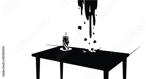 Melting candle drips dark ink onto a simple table, creating abstract shapes in a stark black and white scene.