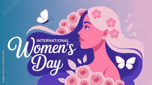International Women's Day illustration with elegant woman, flowers, and butterflies