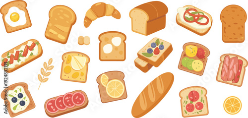 Flat vector breakfast bread and toast collection, sandwiches croissant baguette toppings isolated illustration on white background