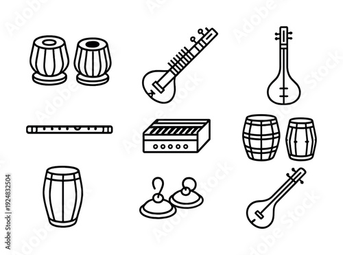 Variety of traditional indian musical instruments in minimalist line art style