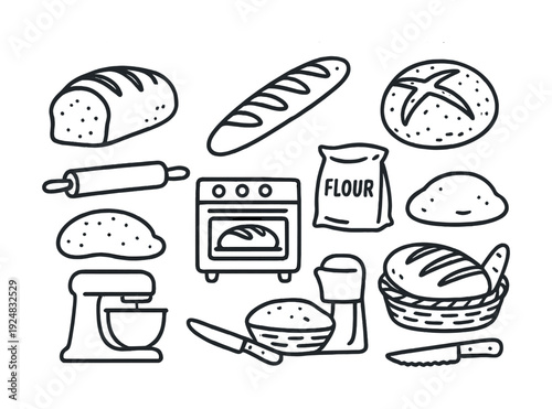 Hand-drawn bread and baking tools illustration with bread, oven, flour, mixer, rolling pin