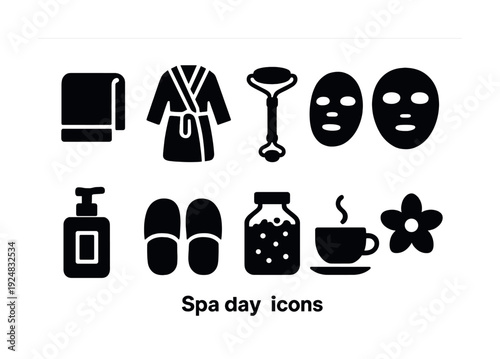 Spa day essentials: relaxation icons including towel, robe, masks, roller, slippers, scrub, tea, flower